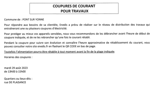 Coupure d'électricité le 29 août 2023 entre 13h et 15h - Rue de Plaisance